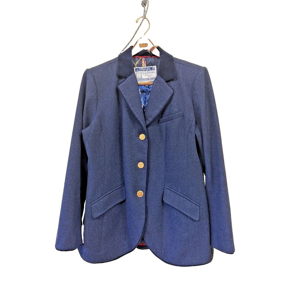 Joules Women's Blue Herringbone Blazer Jacket Gold Button Lined Pockets US 14